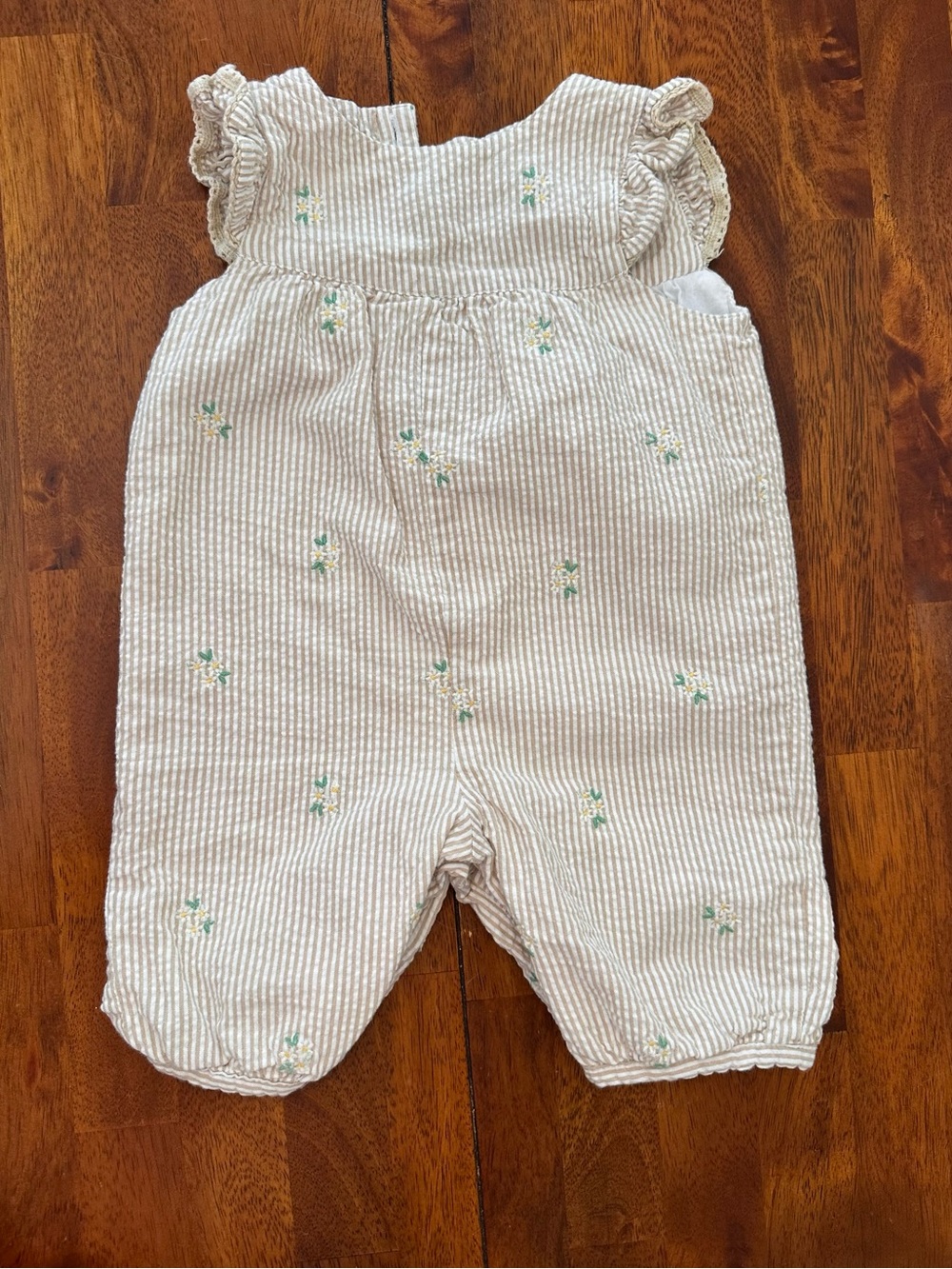 JoJo Maman Bebe Cream and Green Embroidered Seersucker One-Piece